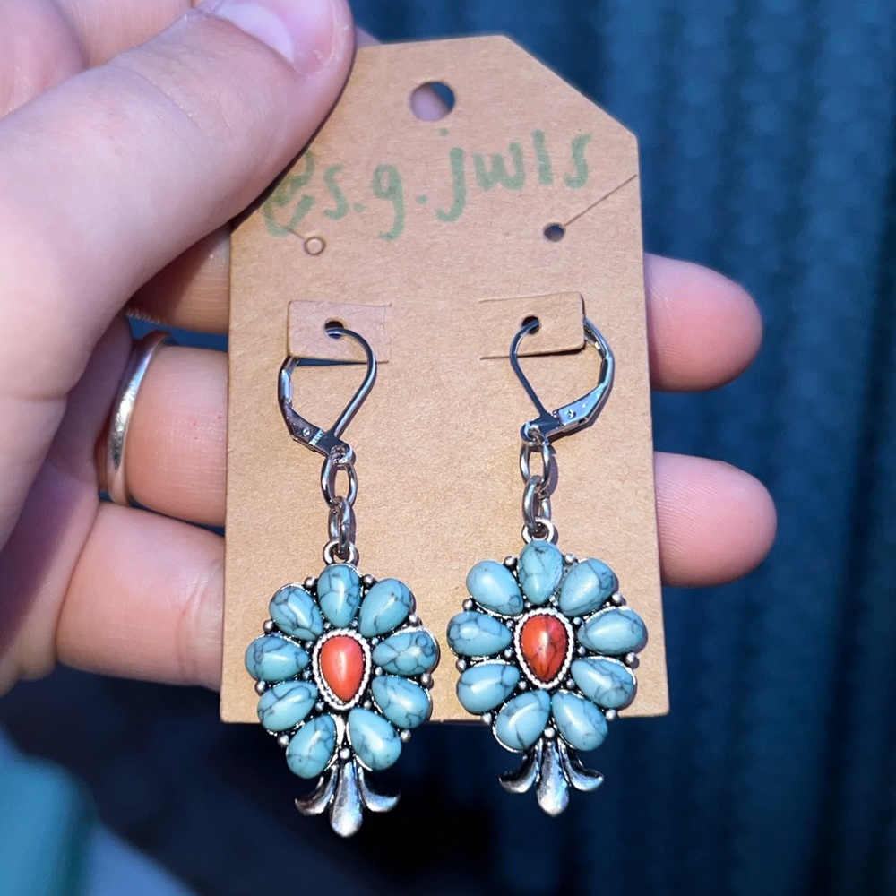 RED AND TURQUOISE SILVER WESTERN STYLE EARRINGS